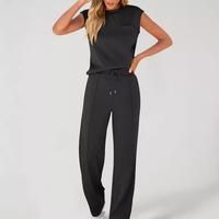 2025 Two Piece Sets for Women Summer Outfits Lounge Sets Mock Neck Tops Wide Leg Crop Pants Vacation Travel Outfits