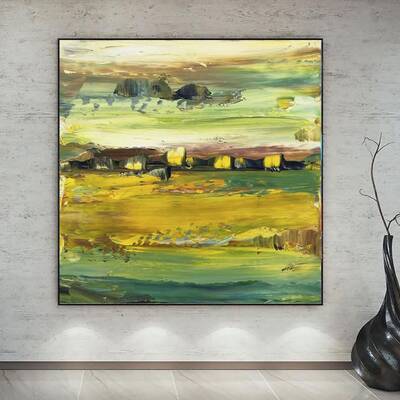 Abstract Colorful Painting Bright Yellow Wall Art Vivid Color Painting on Canvas Light Green Painting Wall Hanging Decor | BR...