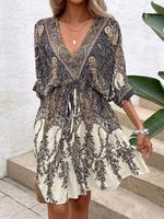Women's Floral Print Batwing Sleeve Dress, Boho V Neck Dress for Beach Holiday Vacation, Ladies Summer Clothes, Womenswear