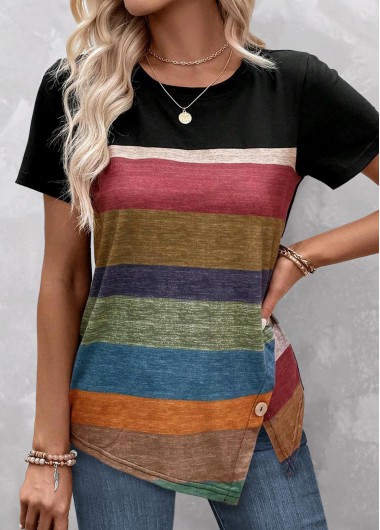 Modlily Black Patchwork Striped Short Sleeve T Shirt - XXL