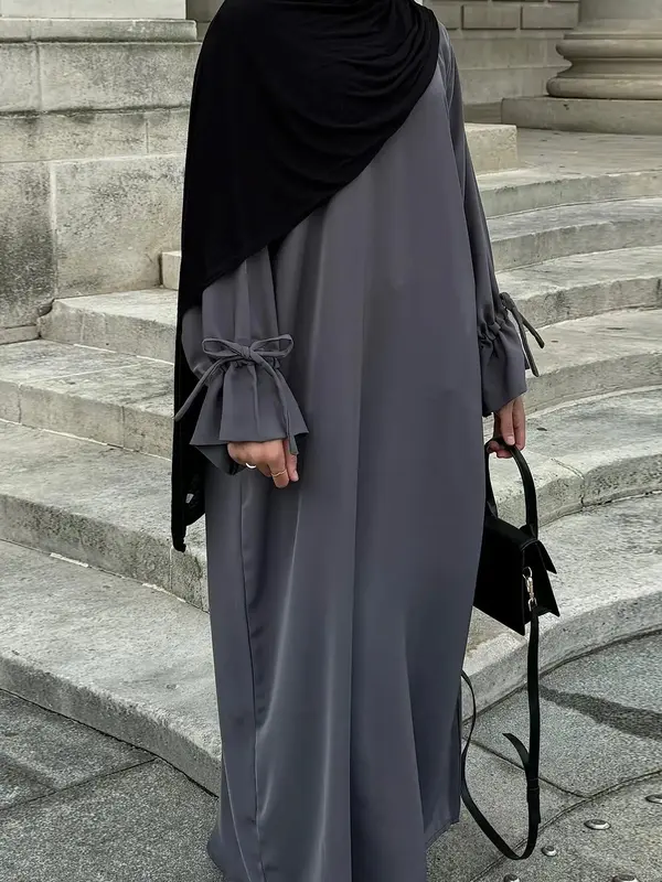 Women's Solid Color Bow Dress without Hijab, Modest Casual Long Sleeve Islamic Dress for Daily Wear, Ladies Clothes for All S...