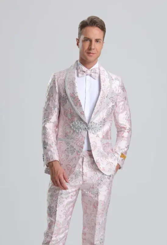 Light Pink Suit For Men's Fancy Pink Floral Paisley Prom Tuxedo with Silver Trim
