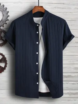 Men's Button Front Mock Neck Shirt, Summer Clothes, Regular Fit Summer Clothes Casual Plain Short Sleeve Top, Streetwear, Men...