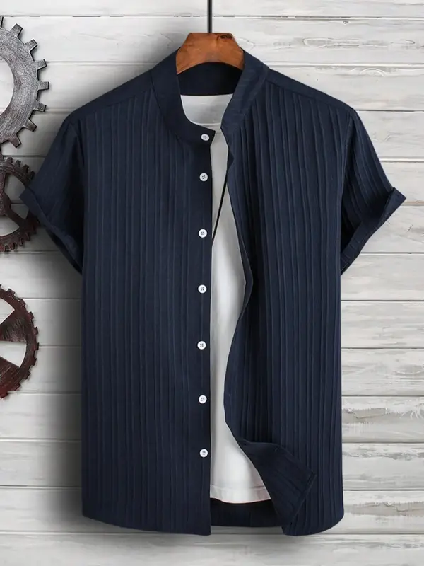 Men's Button Front Mock Neck Shirt, Summer Clothes, Regular Fit Summer Clothes Casual Plain Short Sleeve Top, Streetwear, Men...