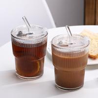 360ml Transparent Stripe Glass Water Cup with Straw & Lid, 1/2/4 Counts Glass Drinking Cup with Straw & Lid, Summer Cool Bo...
