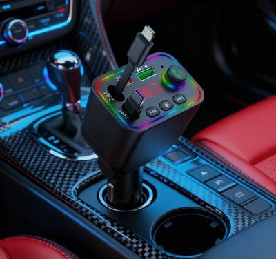 Hexibii 5-in-1 Car Wireless Audio Player Dual Retractable Cables Type-C Option Starry Sky LED Projector 4 Ports Fast Cha