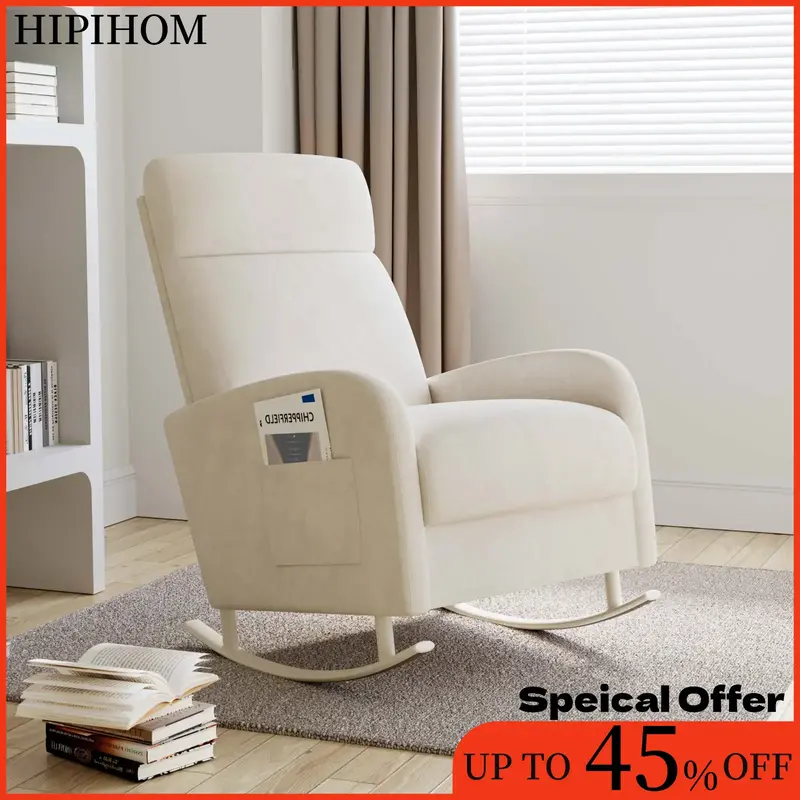 HIPIHOM Nursery Chair Rocking Chair Mom chair,Ergonomically designed recliner, Soft White Fabric Upholstery , Ideal for Livin...