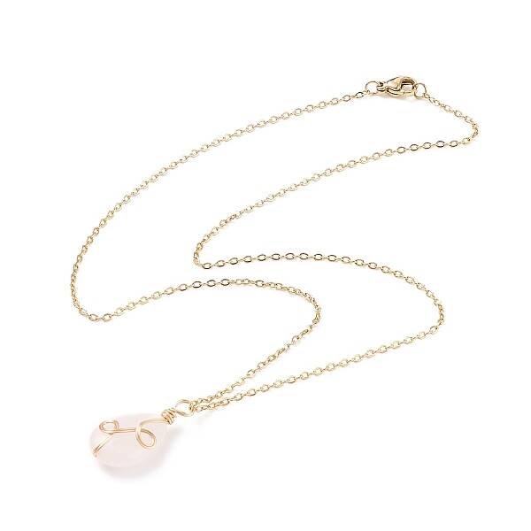 Natural Rose Quartz Teardrop Pendant Necklace