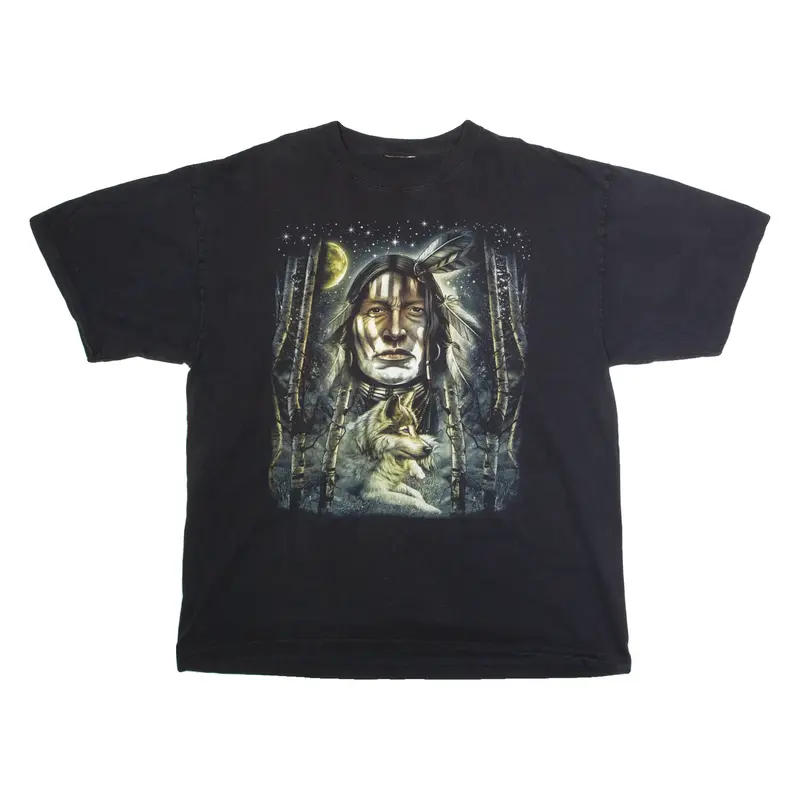 Native American Wolf Print Mens T-Shirt Black Crew Neck 2XL