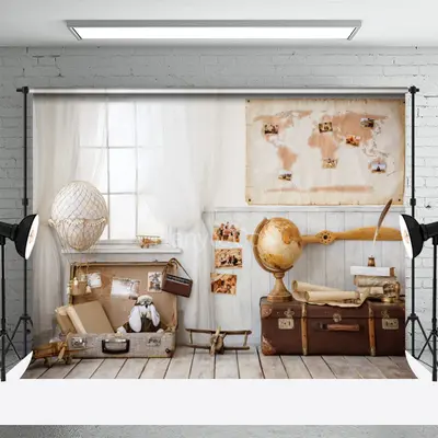Retro Hot Air Balloon Globe Nautical Vacation Backdrop - Aperturee
