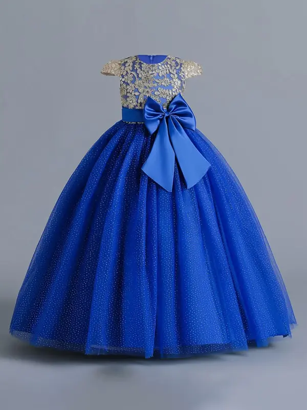 Girl's Contrast Sequin Bow Decor Tulle Party Dress, Elegant Cap Sleeve Zipper Back Fit & Flare Dress for Party, Kids Clothes ...
