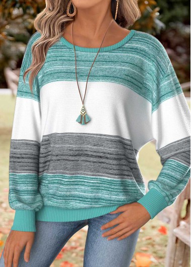 Modlily Mint Green Tummy Coverage Striped Long Sleeve T Shirt - M