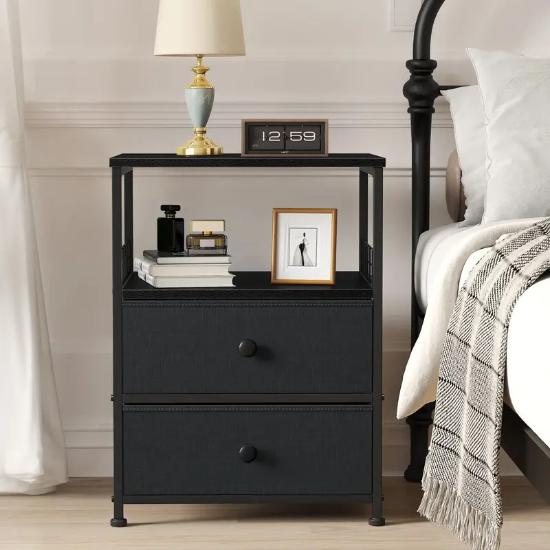 RaybeeFurniture 1/2 Nightstands, Bedside Table with Fabric Drawers and Open Wood Shelf Storage, Bed Side Table with Metal Fra...