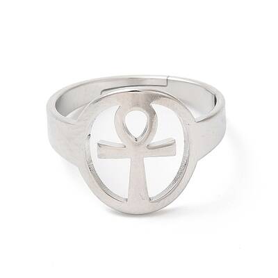 Non-Tarnish 304 Stainless Steel Hollow Ankh Corss Adjustable Ring for Women