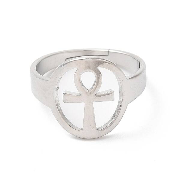 Non-Tarnish 304 Stainless Steel Hollow Ankh Corss Adjustable Ring for Women
