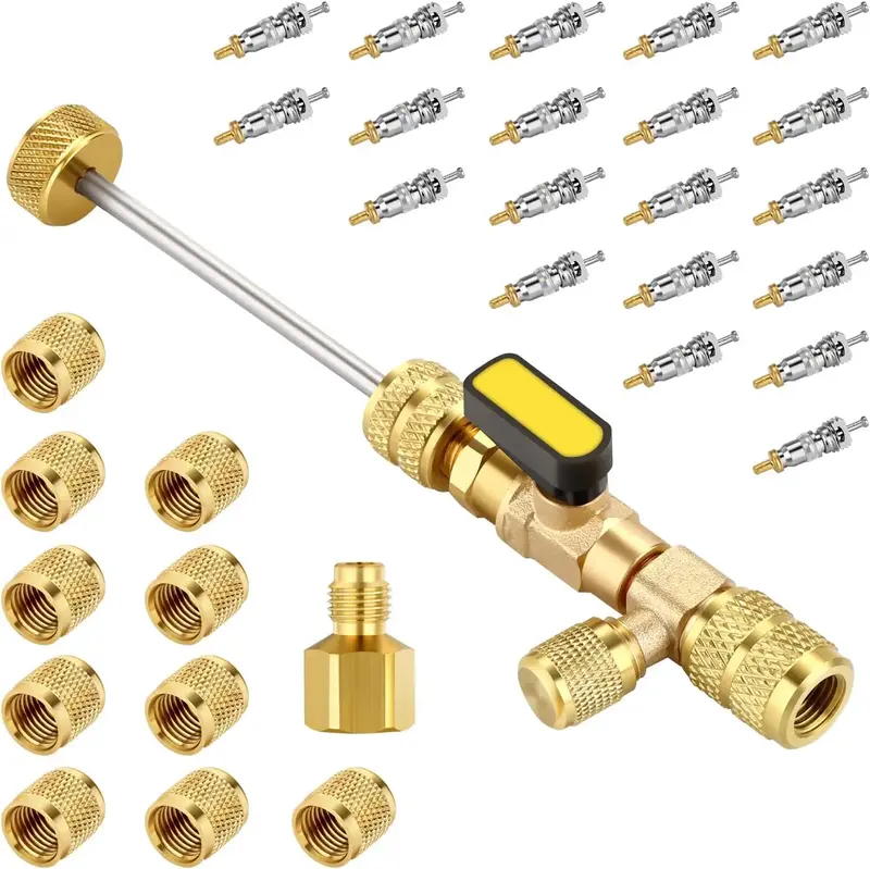 AC Valve Core Remover Installer Tool with Dual Size SAE 1/4 & 5/16 Port, 20 PCS Valve Cores with Teflon Seal and 10 PCS Brass...