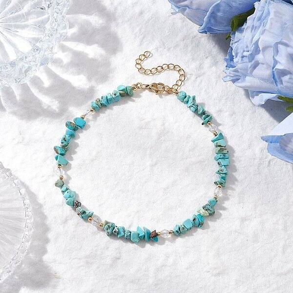 Dyed Natural Howlite Chip & Glass Beaded Anklets