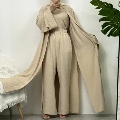 1958#3 PCS women cardigan set muslim open abaya sleeveless top and elastic waist loose pant with pockets sets