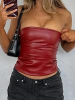 Women's Solid Color Pu Leather Crop Tube Top, Slim Fit Fashion Casual Sleeveless Skinny Top for Daily Outdoor Wear, Ladies Cl...