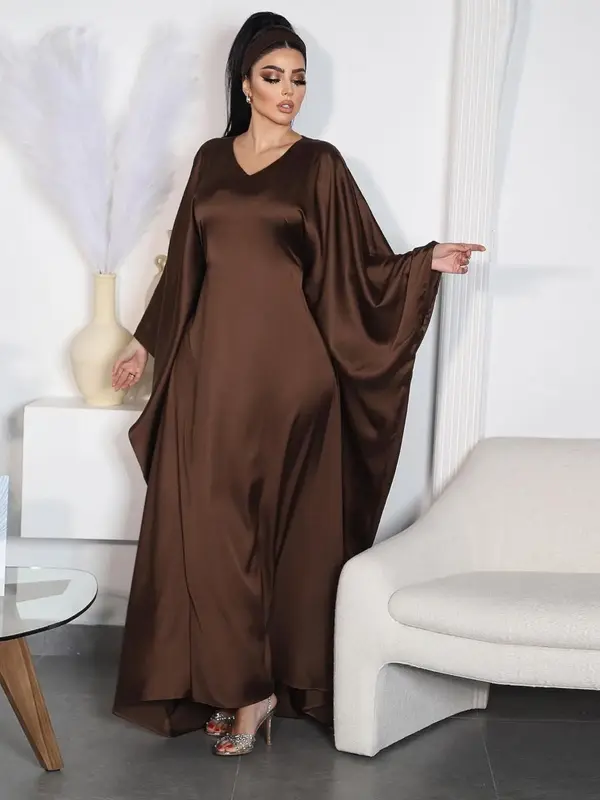 Women's Solid V Neck Long Sleeve Dress, Chic Modest Elegant Kaftan Maxi Dress for Daily Wear, Ladies Clothes for All Seasons