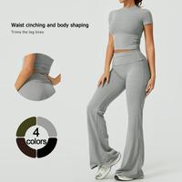 TimeOFF Women's 2-Piece Short-Sleeve Crop Top & High-Waist Flared Leggings Set | Waist-Cinching, Body-Sculpting, Leg-Line Tri...