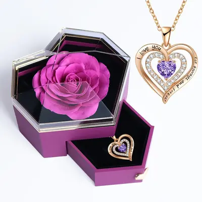 Boyfriend Gifts Artificial Rose Design Necklace with Gift Box & Gift Bag Set, Flower Decor Heart Shaped Necklace Gifts Set fo...