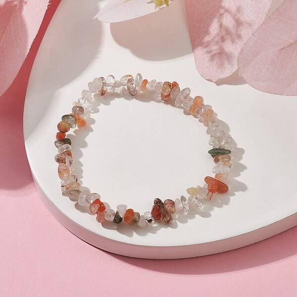 Natural Rutilated Quartz Chips Beaded Stretch Bracelets for Women