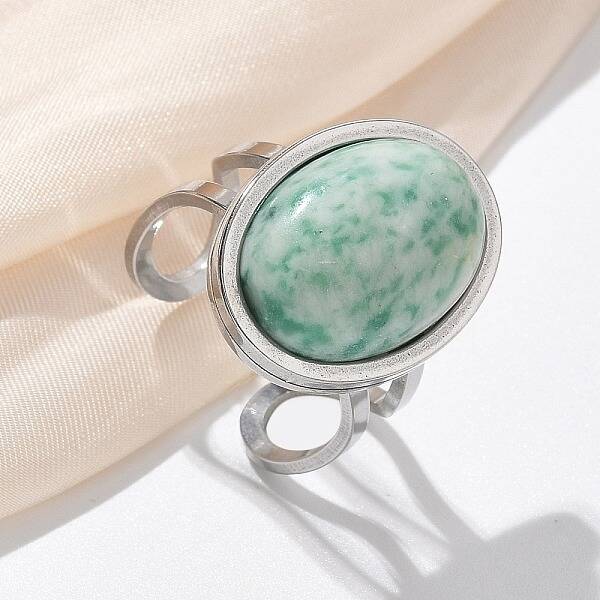 Oval Natural Green Spot Jasper Finger Rings