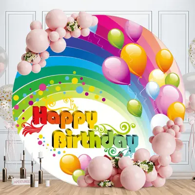 Aperturee Ballon Rainbow Round Happy Birthday Backdrop