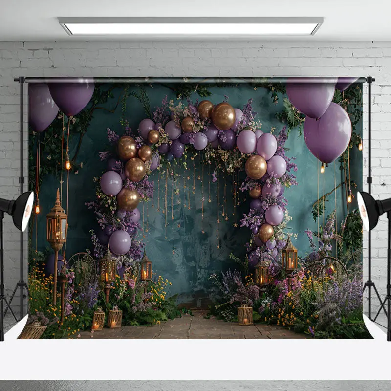 Green Retro Wall Purple Balloons Wedding Backdrop