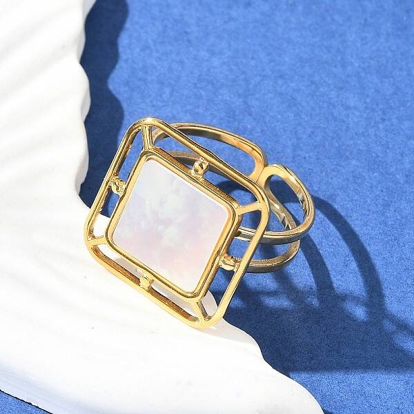 Square 304 Stainless Steel White Shell Cuff Rings for Women
