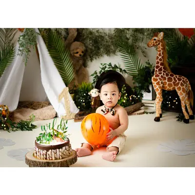 Green Plants Animal Dolls Birthday Cake Smash Backdrop - Aperturee
