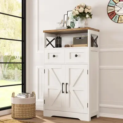 Vabches Farmhouse White Storage Cabinet with Doors and Drawers, Freestanding Kitchen Pantry Cabinet, Floor Storage Cabinet Hu...