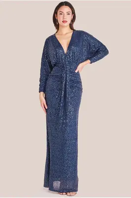 Goddiva Plunge V-Neck Sequin Maxi - Navy