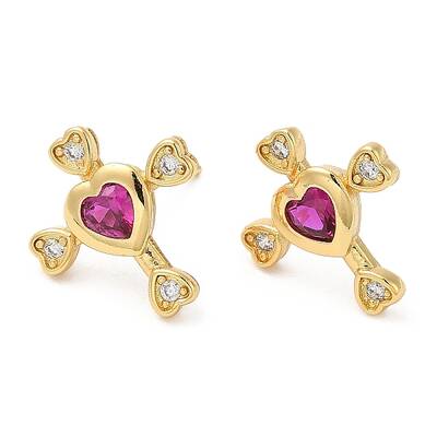 Rack Plating Brass Cross with Love Stud Earrings with Cubic Zirconia