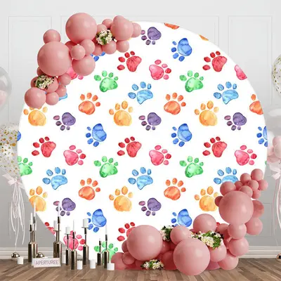 Colorful Pet Footprint White Round Birthday Backdrop - Aperturee