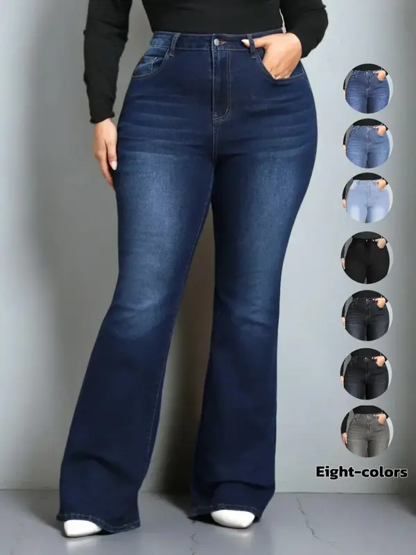 【Plus Size】 Plain Pocket Button Flare Leg Stretchy Jeans, Casual Comfy Bell Bottom Denim Pants for Daily Wear, Women's Pl...
