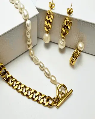 18K Gold Wheat Chain Pearl Necklace Bracelet Earrings Bundle Set
