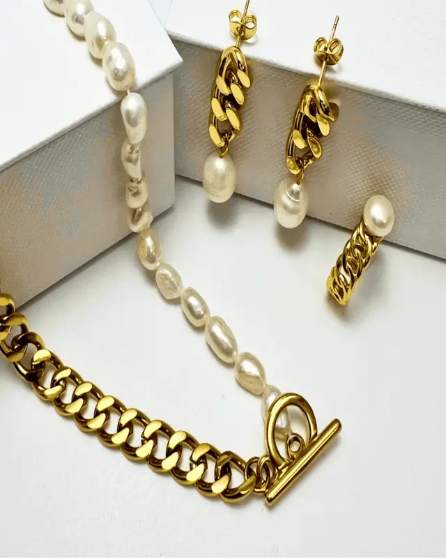 18K Gold Wheat Chain Pearl Necklace Bracelet Earrings Bundle Set