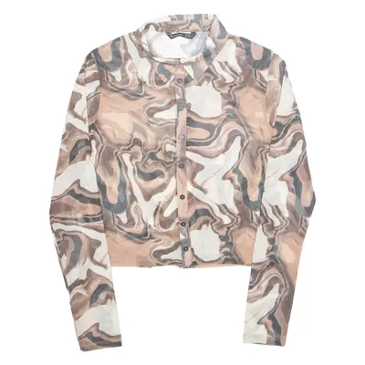 STRADIVARIUS Sheer Marble Womens Printed Shirt Brown Collared Crazy Pattern M