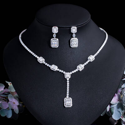 Rectangle Brass Micro Pave Clear Cubic Zirconia Pendant Necklaces & Stud Dangle Earrings Sets
