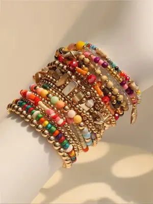 Boho Style Colorblock & Plain Color Beaded Bracelets, 18pcs Fashionable Beaded Bracelets for Women, Elegant All-match Fashion...