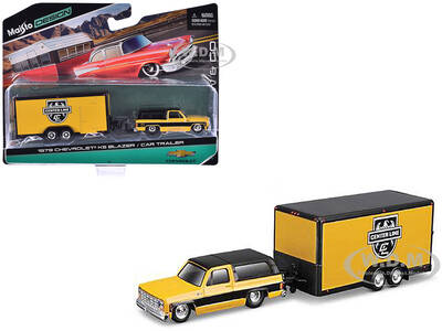 1979 Chevrolet K5 Blazer Yellow with Black Top and Stripes with Enclosed Car Trailer Yellow and Black \