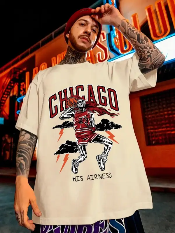 Men's Regular Fit Letter & Skeleton Print Drop Shoulder Tee, Casual Comfy Round Neck Half Sleeve T-shirt for Summer, Fashion ...