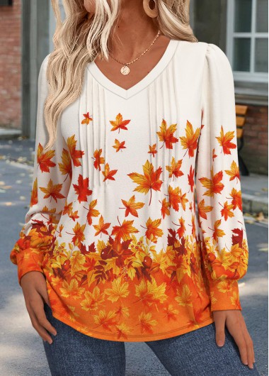 Modlily Orange Tuck Stitch Leaf Print Long Sleeve T Shirt - XXL
