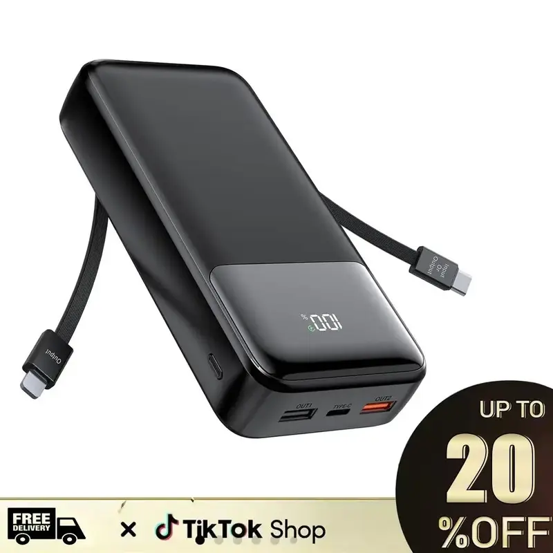 20000mAh Power Bank-,Built-in USB-C(22.5W) and iOS(20W) Output Cables for iPhone 16/15/iPad/Samsung/MAC/Headphones/iWatch Por...