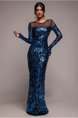 Goddiva Floral Sequin Mesh Maxi - Navy