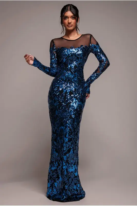 Goddiva Floral Sequin Mesh Maxi - Navy