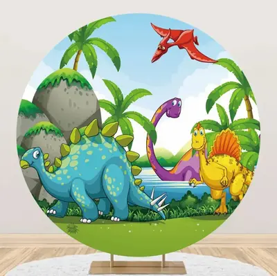 Colorful Dinosaurs Palm Trees Round Party Backdrop - Aperturee