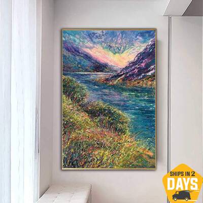 Colorful River Landscape Art Expressionist Art Nature Paintings On Canvas Original Textured Painting Handmade Art | RIVER LAN...